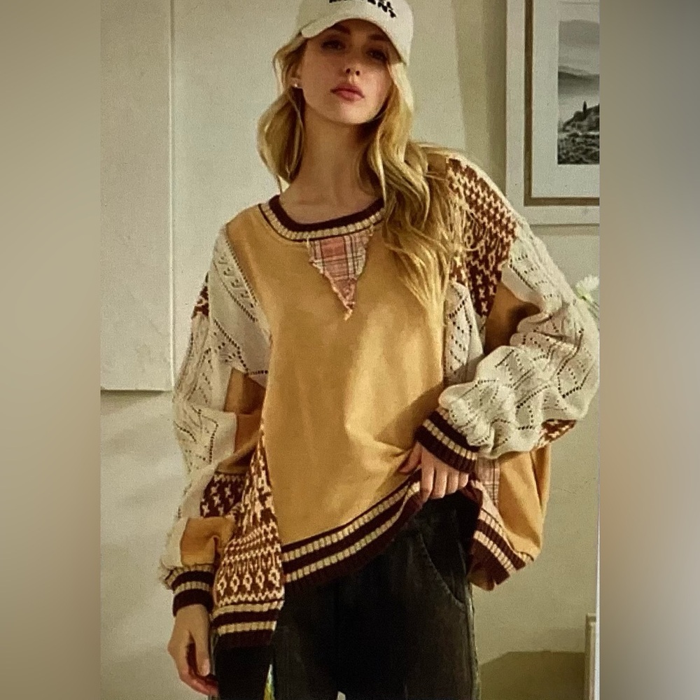 Oli & Hali Mixed Media Oversized Patchwork Cable-Knit Sweater - Mustard - Picture 3 of 5